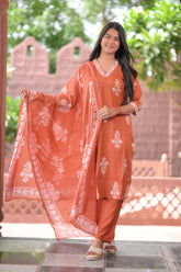 Arihantam Terracotta Grace – 3-Piece Cotton Kurti Set with Dupatta